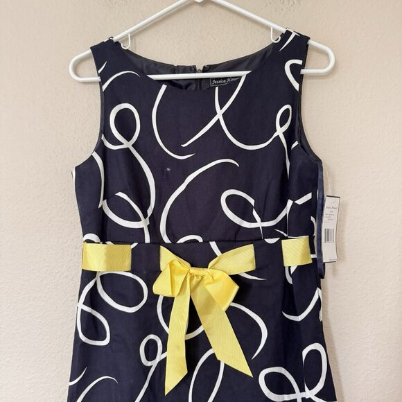Jessica Howard Navy And White Dress Size 6 Yellow Bow At Waist Zip Closure - Picture 2 of 11